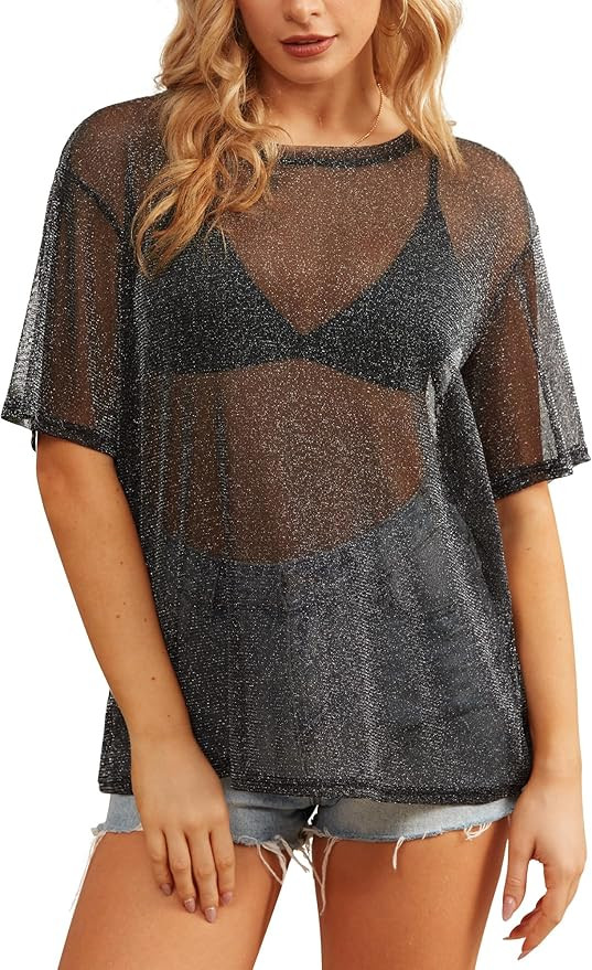HWOKEFEIYU Women's Summer Short Sleeve Tops See Through Mesh Sheer Sexy T Shirt Blouse | Amazon (US)