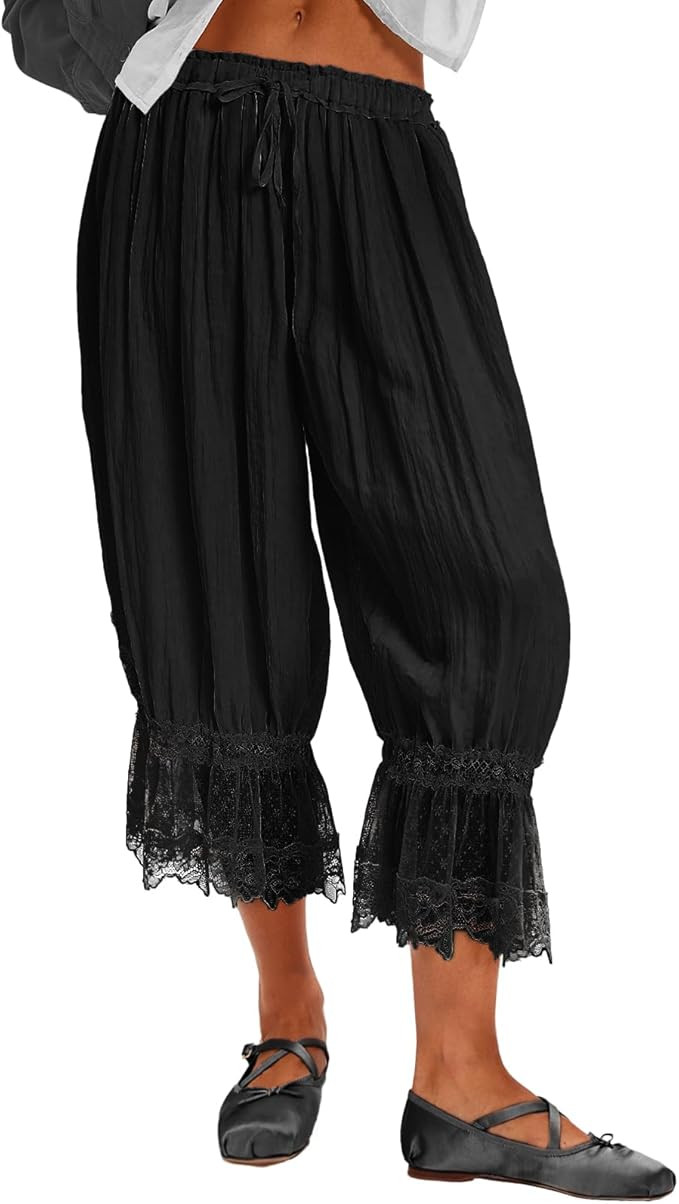 Ruffle Long Bloomers for Women Cropped Flared Capri Pants Lace Trim Pettipants Pantaloons Wide Le... | Amazon (US)