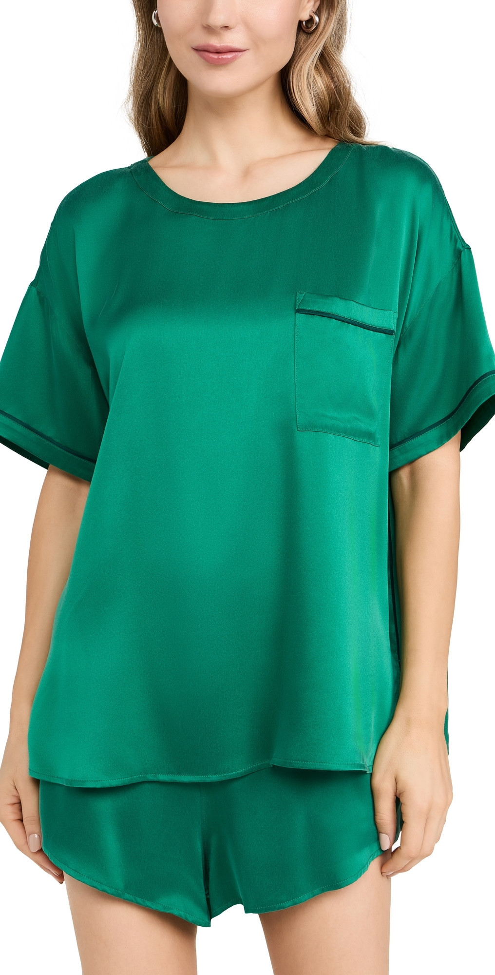 Lunya Washable Silk Long Sleeve Piped Tee Short Set Estuarine Green/Noble Emerald L | Shopbop