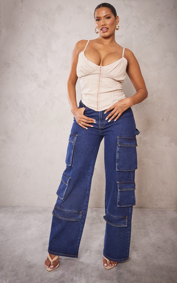 Shape Dark Indigo Pocket Wide Leg Cargo Jeans | PrettyLittleThing US
