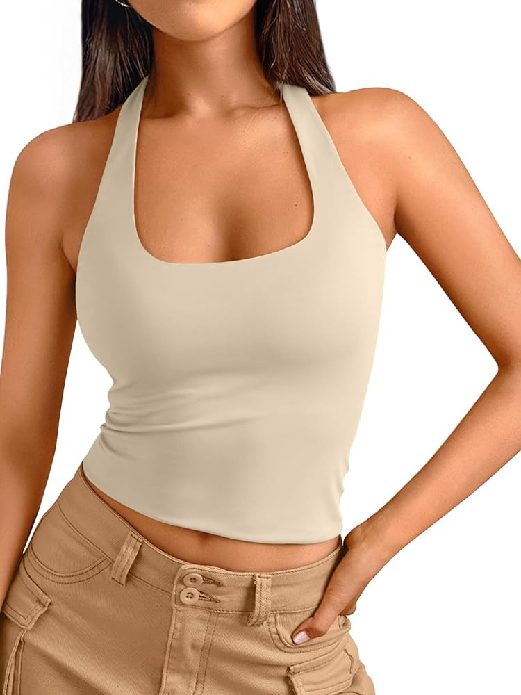 Trendy Queen Halter Tops for Women 2026 Summer Going Out Tops Backless Crop Sleeveless Workout Sh... | Amazon (US)