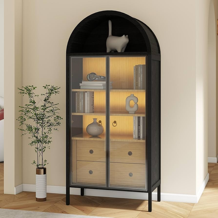 Display Cabinet Arched Cabinet with LED Light, Curio Cabinet Bookcase with Glass Doors and 2 Draw... | Amazon (US)