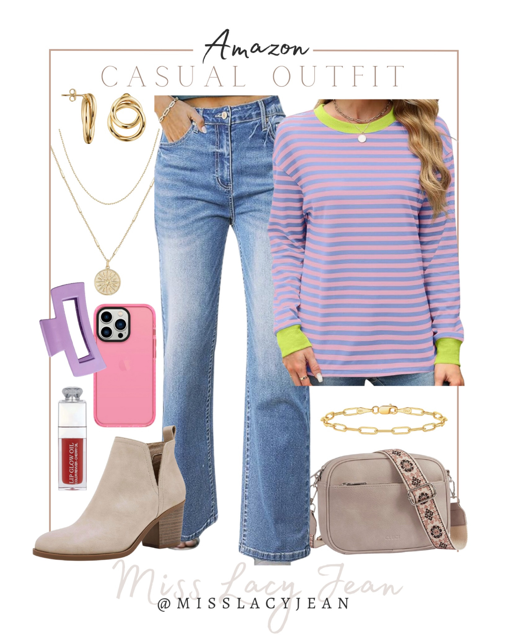 Casual outfit includes striped sweater, jeans, booties, crossbody bag, gold jewelry, cell phone case, hair claw, lip oil.

Fall outfit, trendy outfit, looks for less, fall outfit finds, Amazon finds 

#LTKShoeCrush #LTKFindsUnder100 #LTKStyleTip