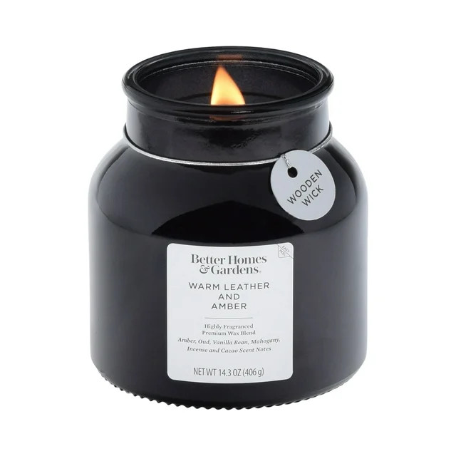 Better Homes & Gardens Warm Leathered Amber Scented Wooden Wick 14.3oz Jar Candle | Walmart (US)