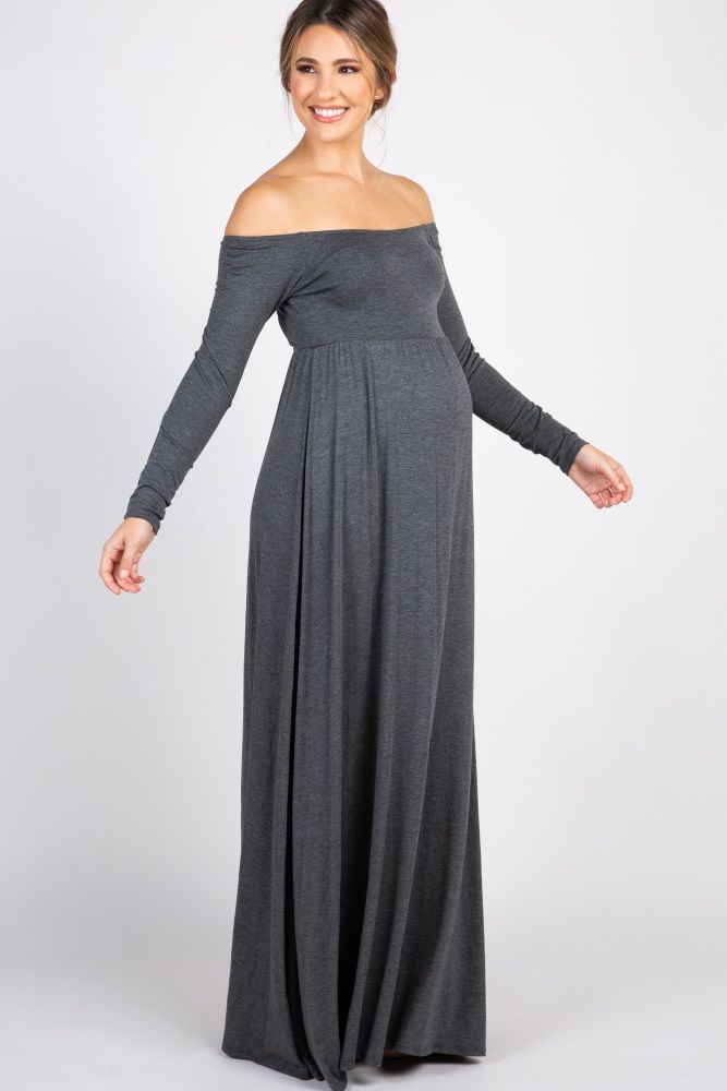 Charcoal Solid Off Shoulder Maternity Maxi Dress | PinkBlush Maternity