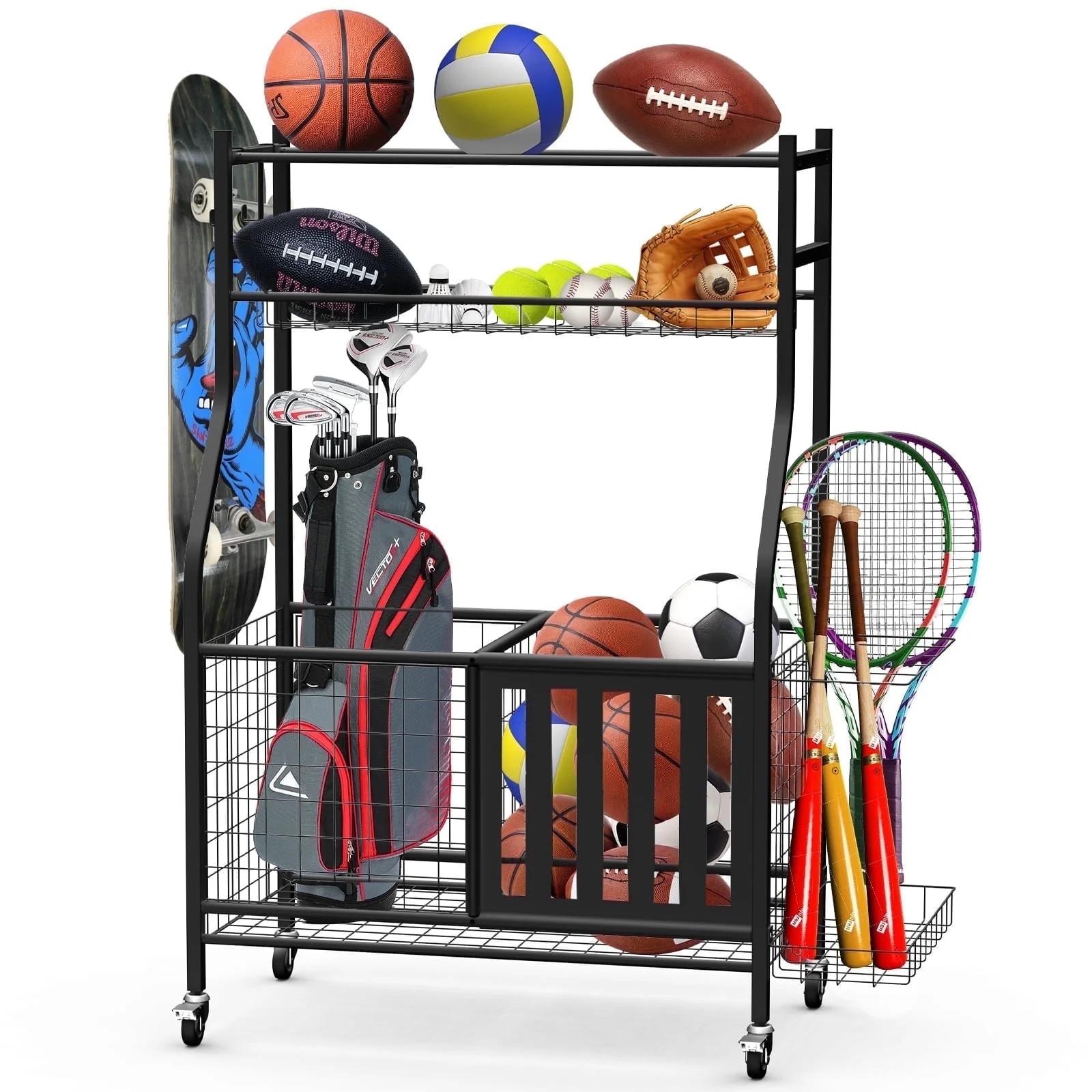 LAFGUR Garage Sports Equipment Organizer,Ball Storage with Baskets and 4 Hooks, Sports Gear with ... | Walmart (US)