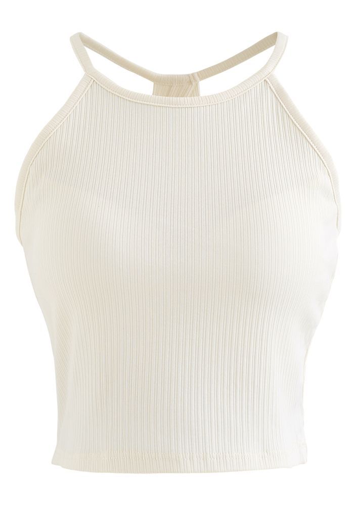 Halter Neck Racer Back Ribbed Top in Cream | Chicwish