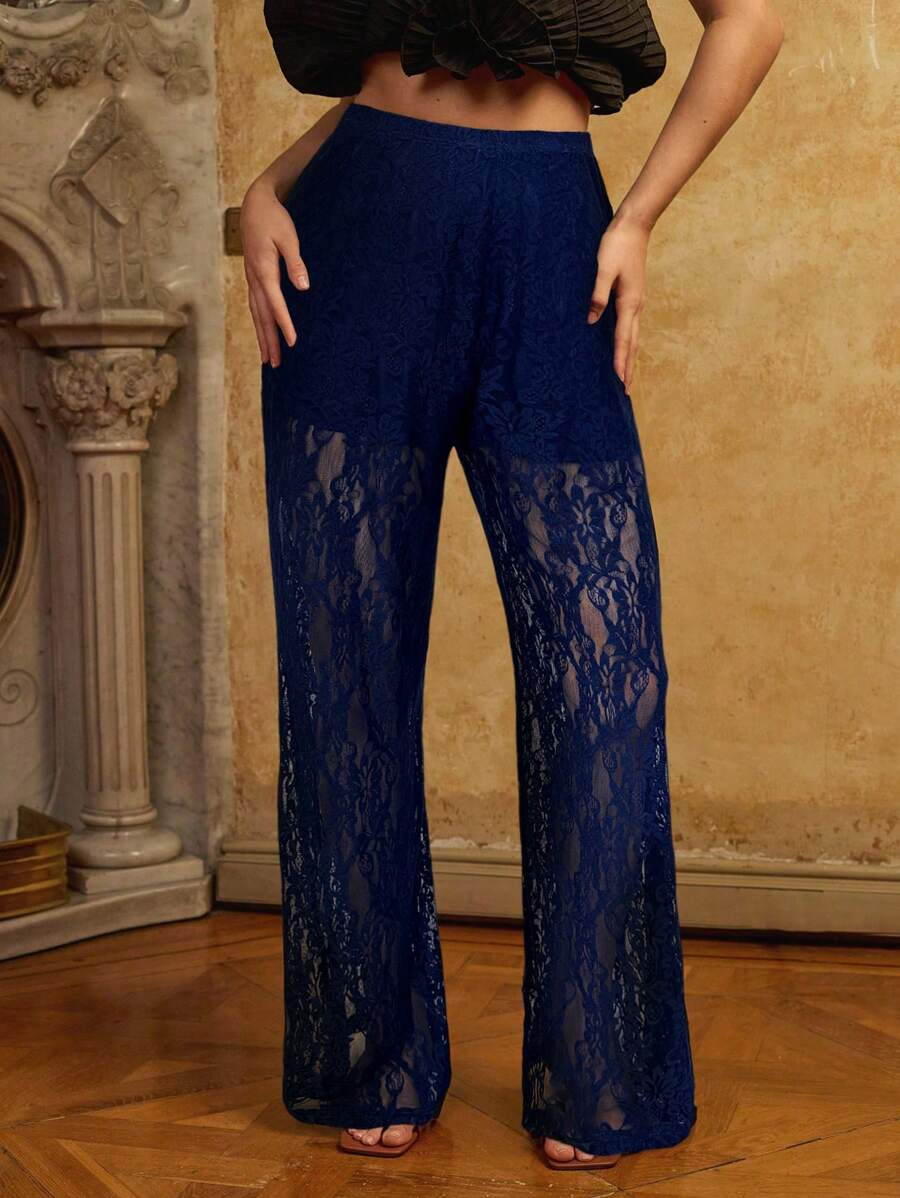 SHEIN VCAY Plus Size Women Lace High Waist Flared Pants, Vacation Style | SHEIN