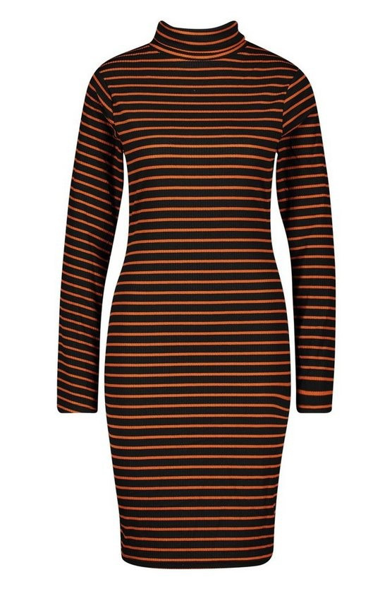 Rib Roll Neck Stripe Long Sleeve Bodycon Dress | Boohoo.com (US & CA)