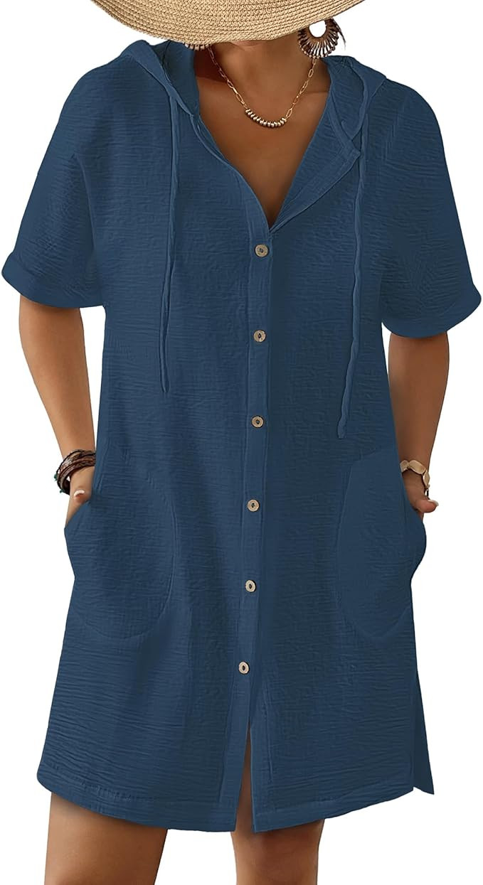 Bsubseach Womens Swimsuit Cover Up Shirt Button Down Short Sleeve Bathingsuit Coverups Hooded Bea... | Amazon (US)
