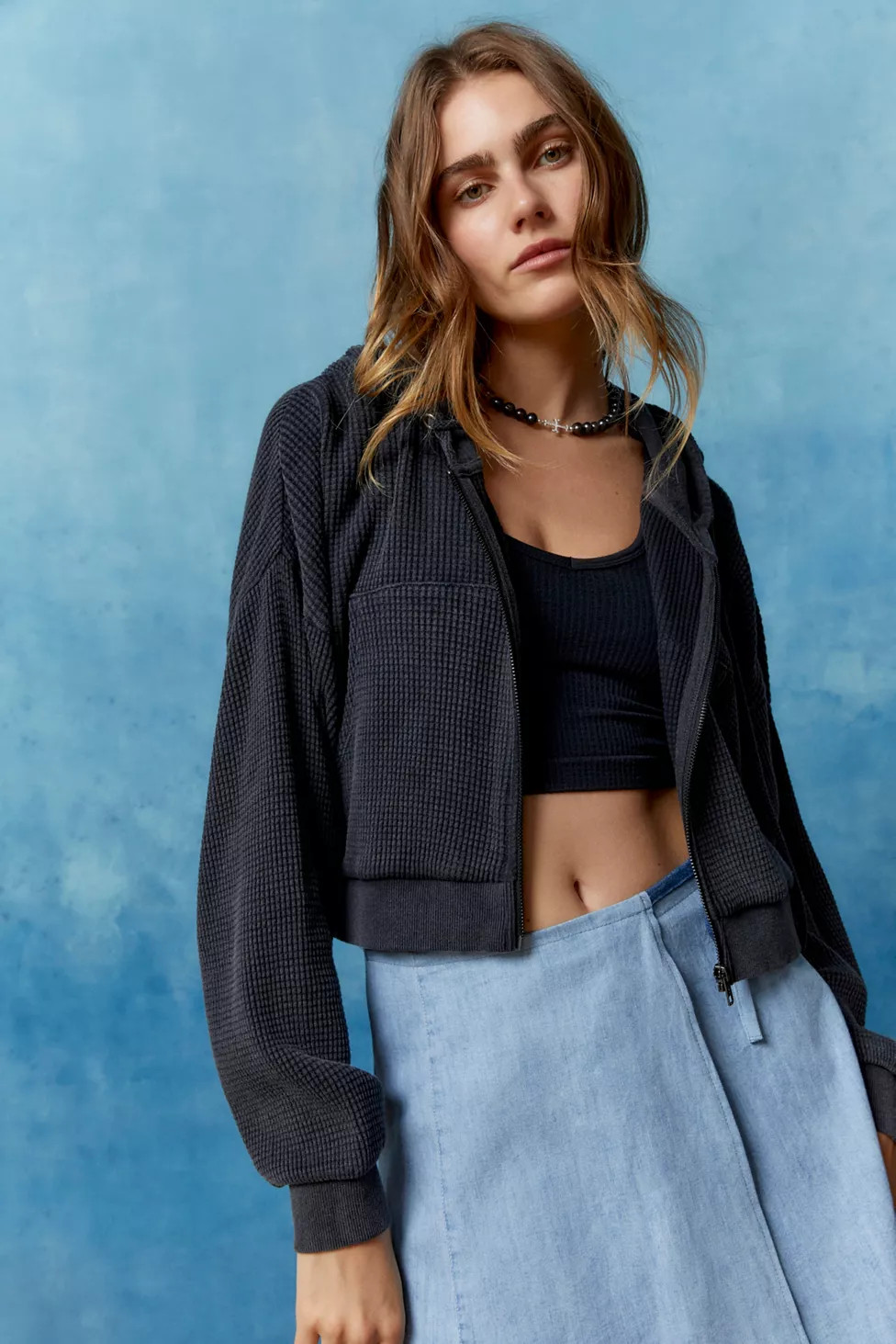 BDG Leah Waffle Knit Zip-Up Hoodie Sweatshirt | Urban Outfitters (US and RoW)