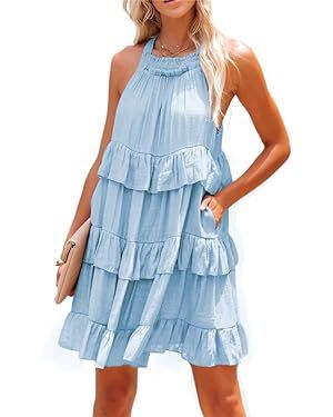 R.Vivimos Women's Summer Dress Boho Sleeveless Halter Layered Ruffle Casual Swing Mini Dress with... | Amazon (US)