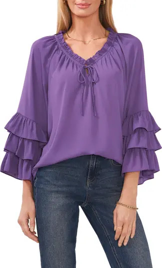 Vince Camuto Raglan Ruched Split Neck Ruffle Sleeve Blouse | Nordstrom | Nordstrom