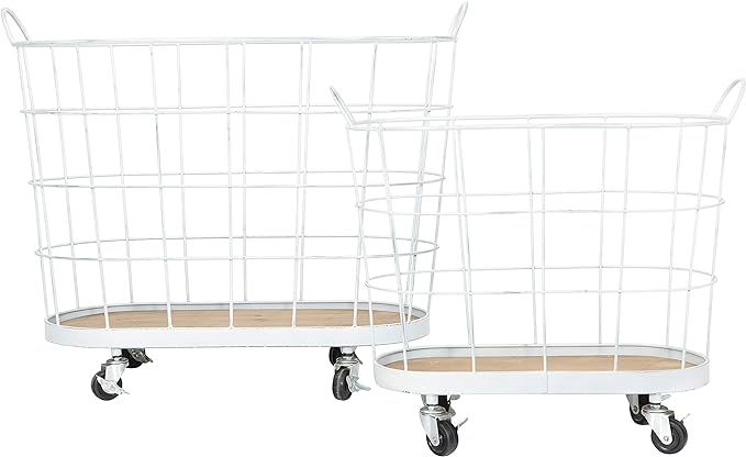 Creative Co-Op Metal & Wood Laundry Baskets on Wheels (Set of 2 Sizes) Metal Non-Food Storage, Wh... | Amazon (US)