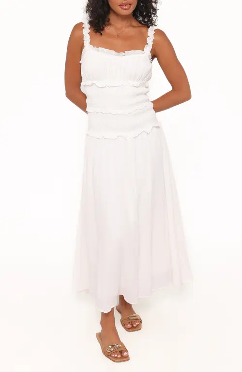 Petal & Pup Enola Shirred Ruffle Trim Midi Dress in White at Nordstrom, Size Large | Nordstrom