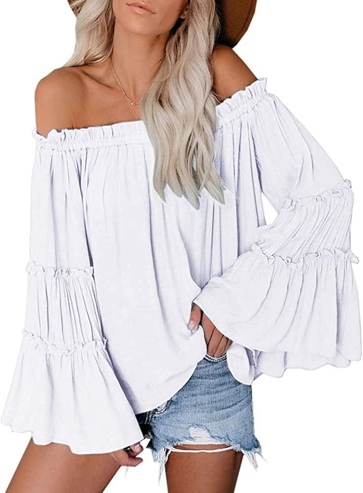 Womens Off The Shoulder Long Bell Sleeve Tops Flared Casual Loose Blouse | Amazon (US)