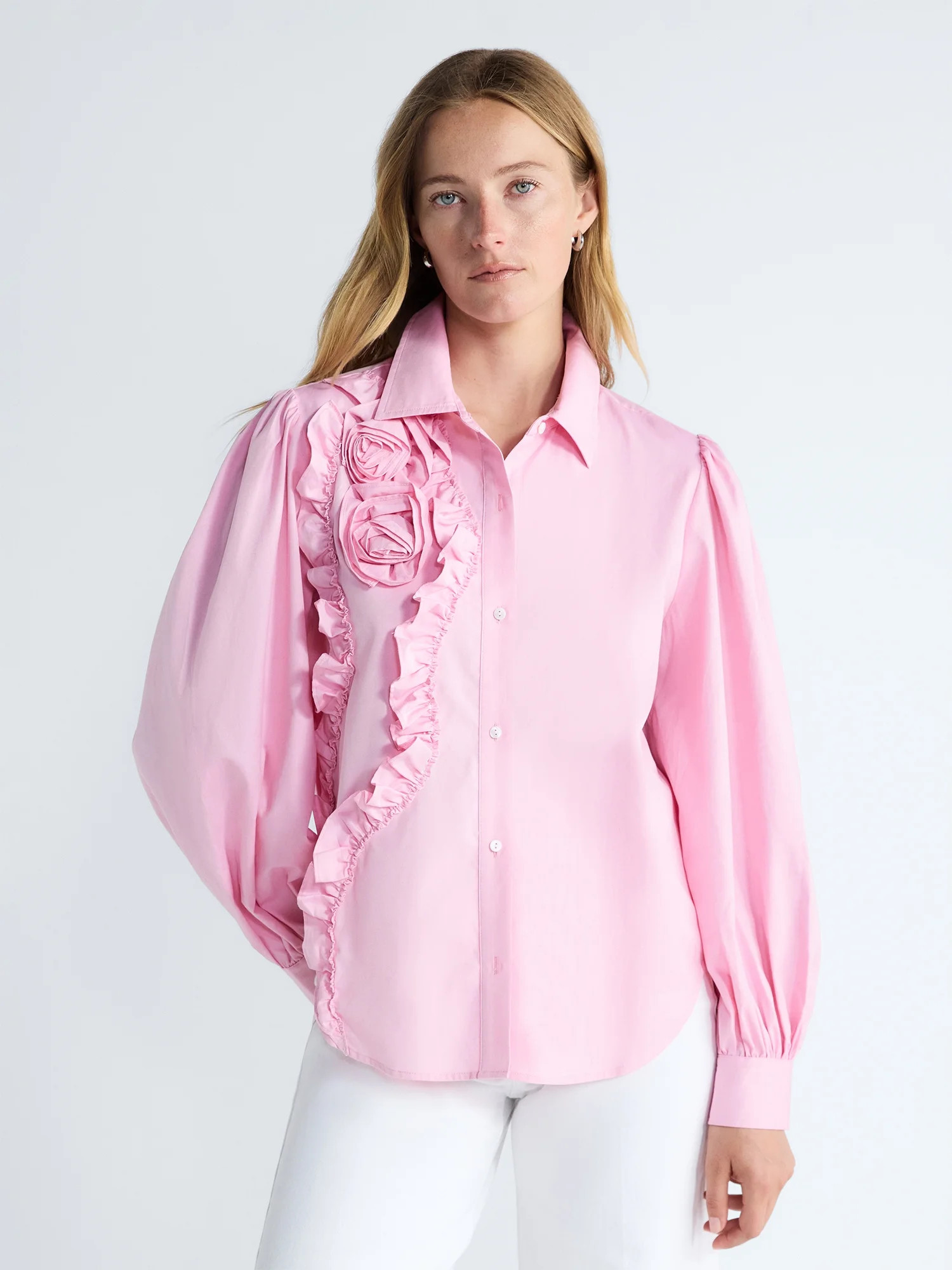 Free Assembly Women's and Women's Plus 3D Floral Cotton Shirt with Long Sleeves, Size XS-4X | Walmart (US)