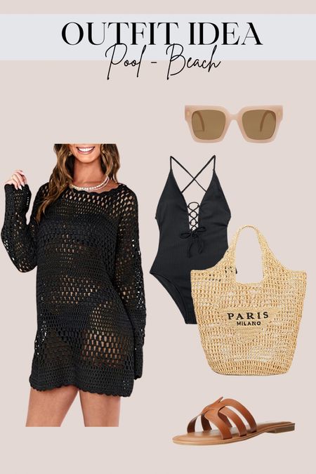 Outfit idea - pool/beach. 

Cover up - mesh - one piece bathing suit - straw bag - sunglasses - slides - camel sandals - resort wear - vacation look - beach style - ootd

#LTKunder50 #LTKstyletip #LTKswim