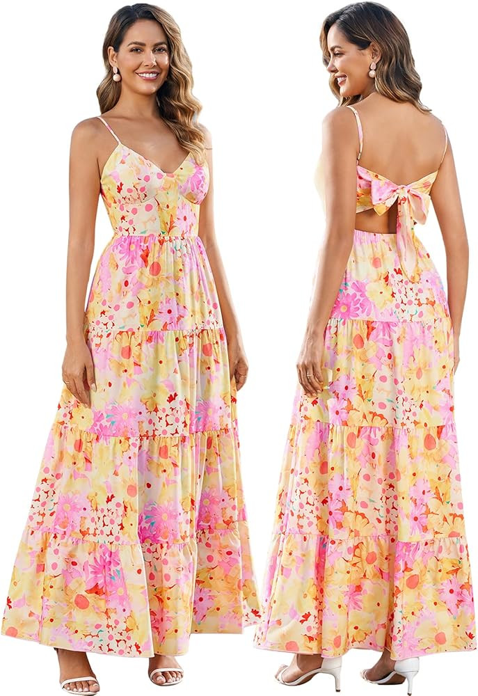 Women Casual Summer Floral Maxi Sundress V Neck Spaghetti Strap Bow Tie Backless Flowy Boho Beach... | Amazon (US)