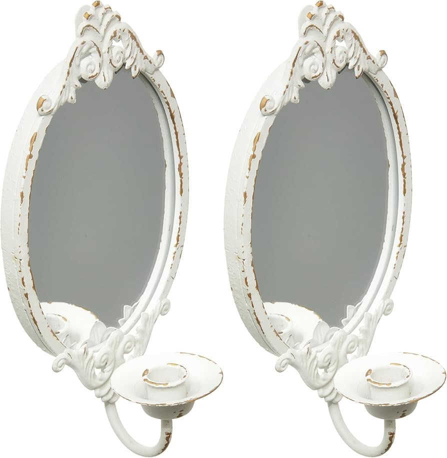 Rustic White Mirrored Wall Candle Sconces Set of Two, Metal Vintage Wall Candle Holder, Handmade ... | Amazon (US)