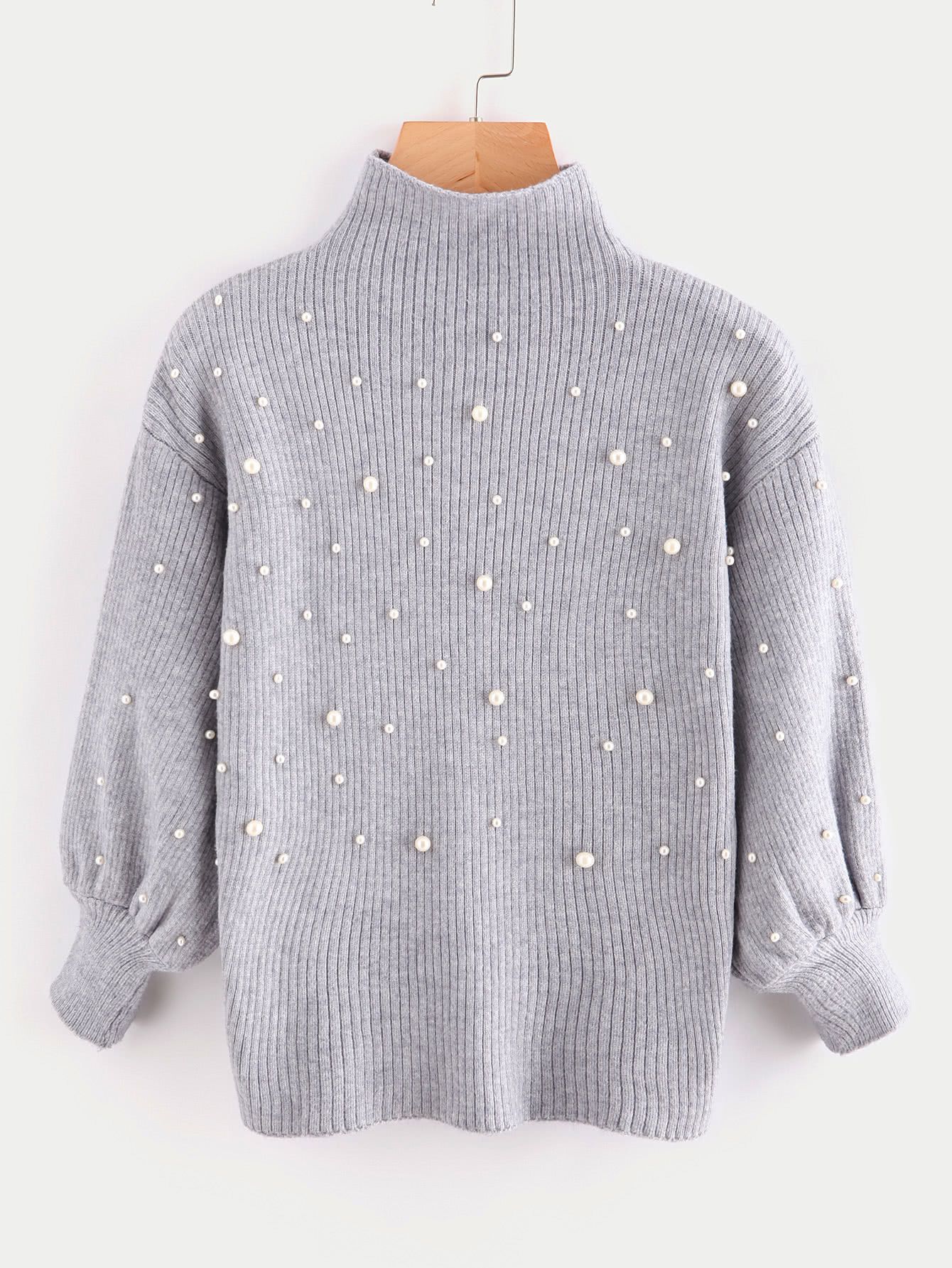 Pearl Beading Mock Neck Balloon Sleeve Jumper | SHEIN