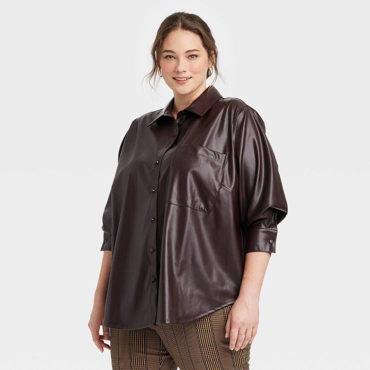 Women's Long Sleeve Faux Leather Button-Down Shirt - A New Day™ | Target