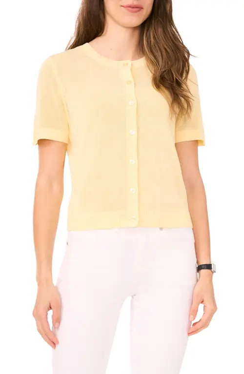 halogen(r) Short Sleeve Button-Up Sweater in Lemon Butter at Nordstrom, Size Small | Nordstrom