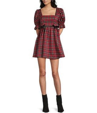 Plaid Square Neck Puff Sleeve Velvet Bow Front Smocked Back Dress | Dillard's