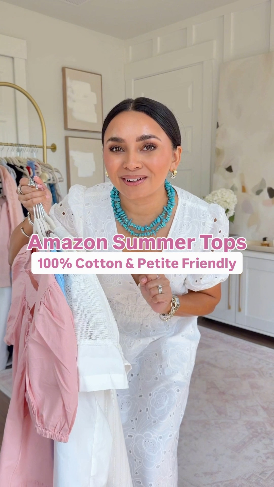 Amazon Summer Tops 100% Cotton!
For reference: I’m 5’0, petite, 32b bra size, and 2/26 in bottoms, pear shaped. 
*Everything I share is unaltered! TTS means true to size. Between size 5-6.5 in shoes

White top size small TTS
Denim shorts size 26 petite TTS
Brown sandals are Hermes, similar linked

Blue top size small TTS
White jeans size 0 petite - I size down a size in this brand
Clear sandals size 5 TTS

Brown gingham top size xs TTS
Brown cocoa bliss color linen pants size xs petite TTS
Clear sandals size 5 TTS

White flowy top size xs TTS
Olive green linen pants size xs, 28” inseam TTS
Clear sandals size 5 TTS

Light pink top size xs TTS
Jeans size 0 petite - I size down a size in this brand
Clear sandals size 5 TTS

White dress size xs TTS

#LTKootd #LTKgrwm #LTKPetite