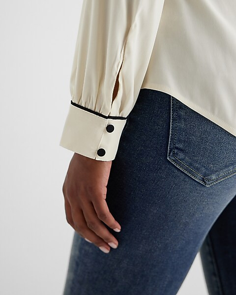 Slim Satin Tipped Tie Neck Portofino Shirt | Express