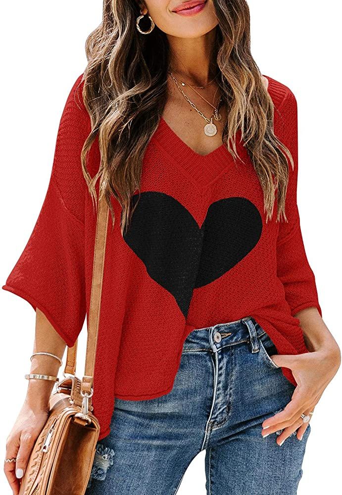 Ermonn Womens V Neck Crochet Sweaters Off The Shoulder 3/4 Sleeve Loose Knit Cute Heart Summer Pullo | Amazon (US)
