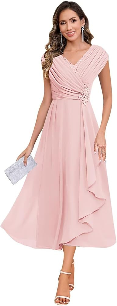 Lace Applique Chiffon Mother of The Bride Dresses Cap Sleeve V Neck Formal Evening Dress for Wome... | Amazon (US)