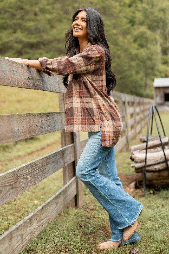 Autumn Brown Plaid Flannel Top | Pink Lily