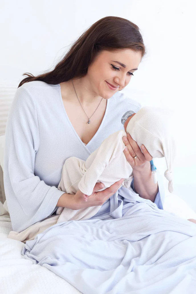 Ice Blue Bamboo Waffle Knit Maternity Robe | Caden Lane