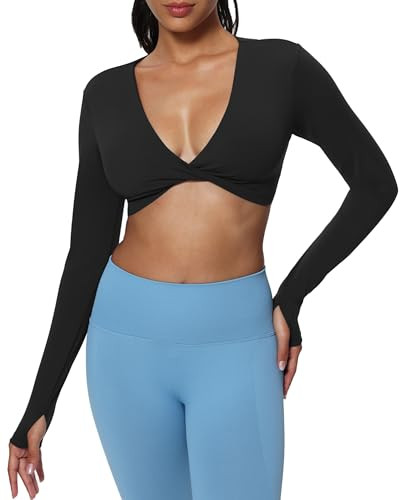 Aoxjox Long Sleeve Deep V Crop Tops for Women Sienna Open Back Thumb Hole Workout Cropped T Shirt Top (Black, Small) | Amazon (US)