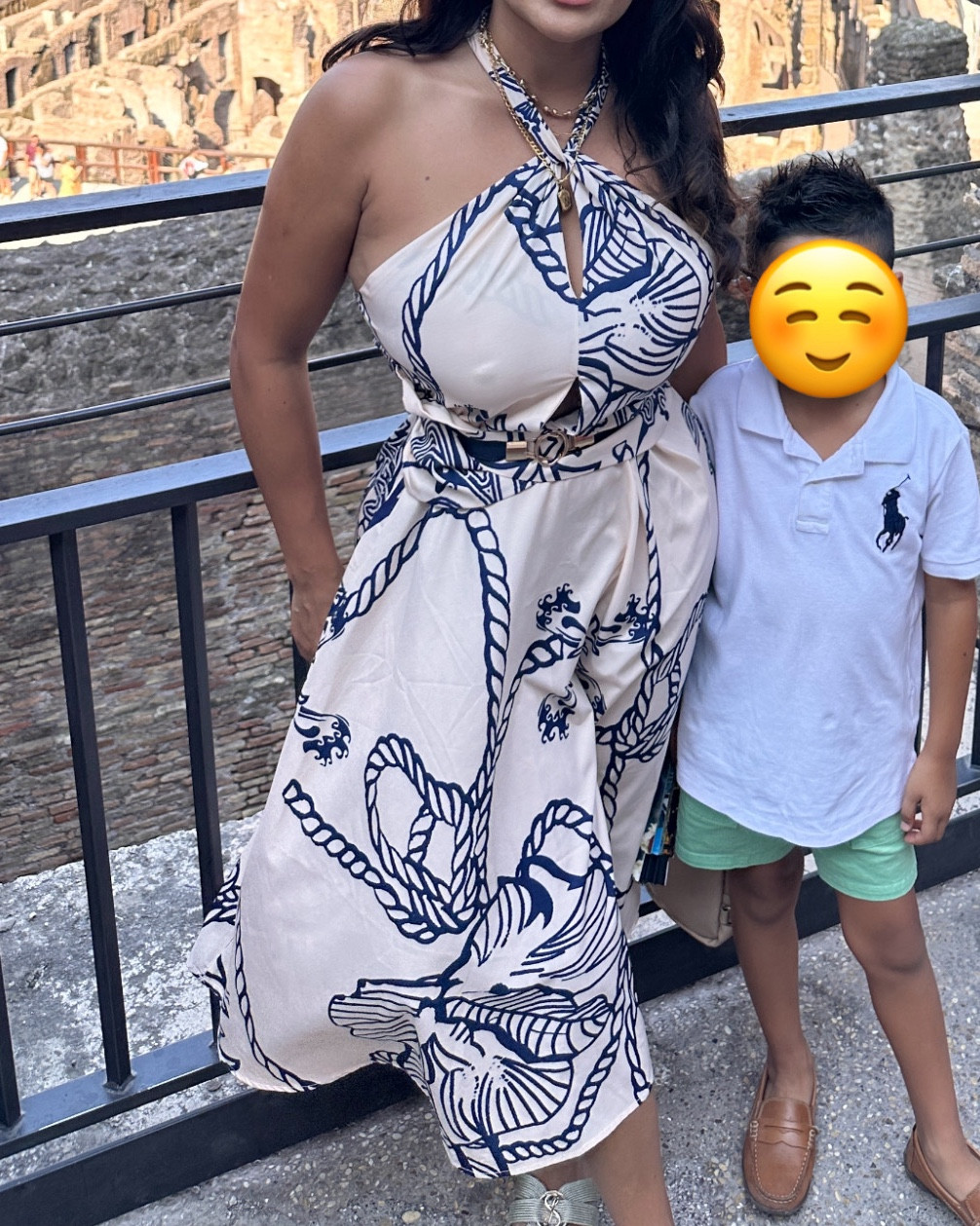 Another dress I get asked about a lot when I wear it. 
It has an old classic style about it. Very feminine. Smooth material, comfy. I do need to get the waist adjusted, which is why I wear a belt. You’ll usually see me with some sort of belt to snatch that waist. Heels or flat sandals but work great with this look. 