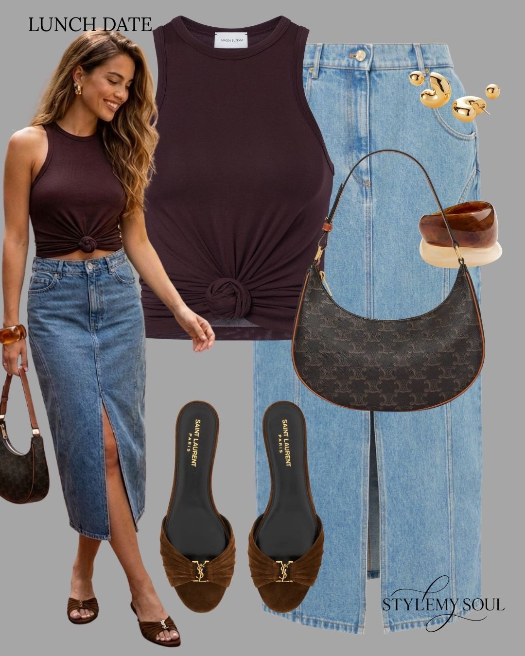 Denim skiirt, brown top, brown slides, brown slides, brown bag, bracelet, gold earrings

#LTKootd #LTKTravel #LTKstorytime