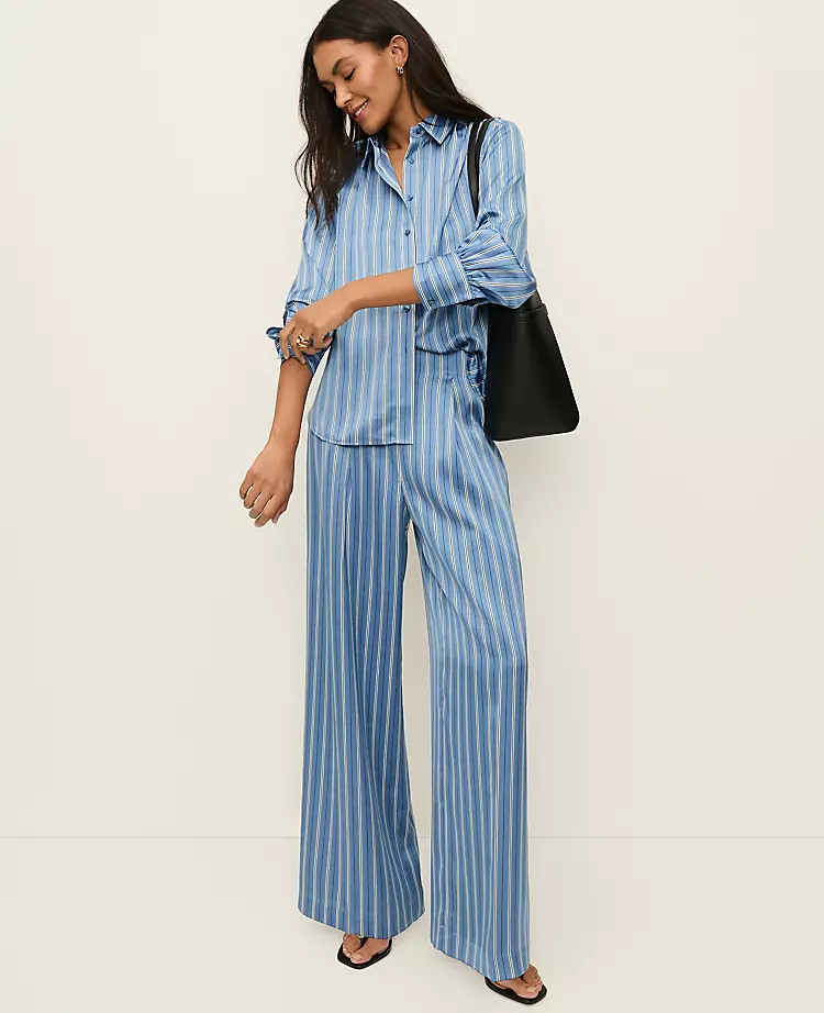 The Pleated Satin Wide-Leg Pant in Stripes | Ann Taylor
