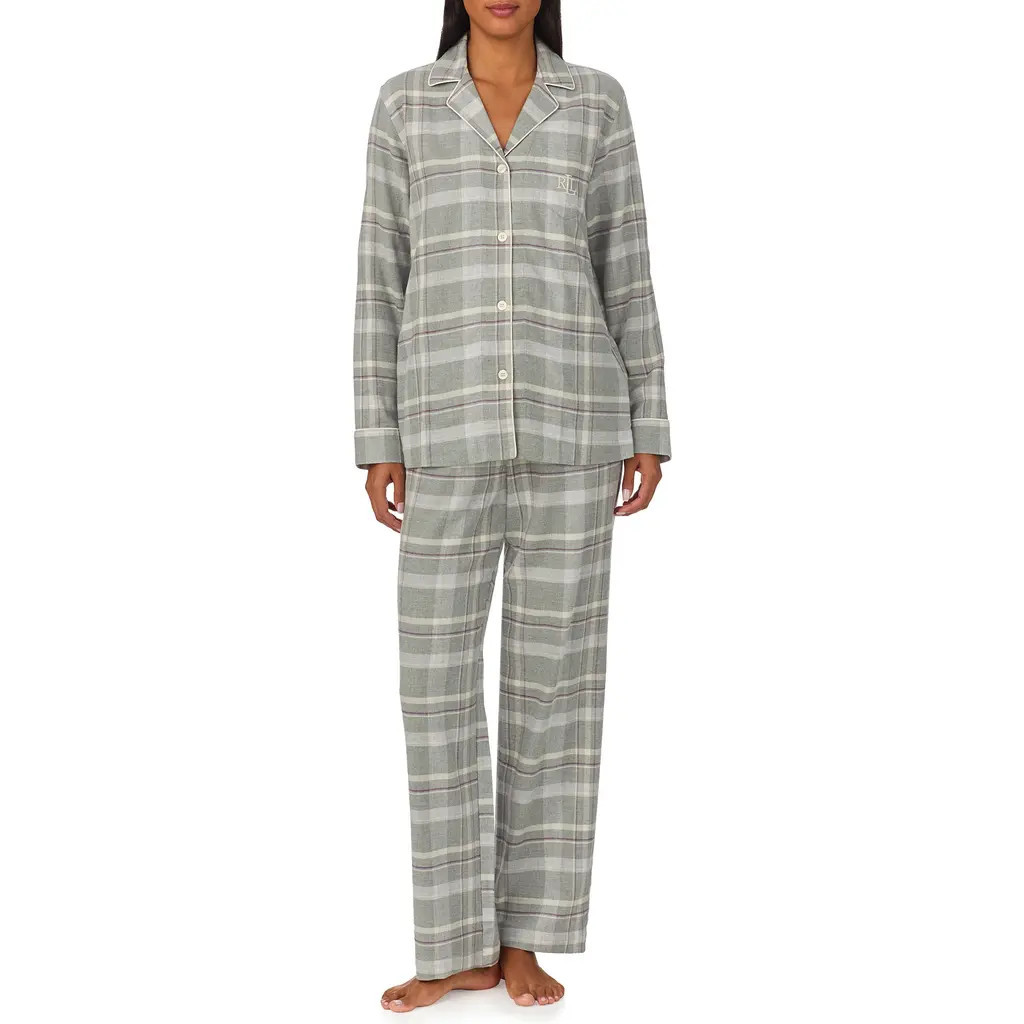 Lauren Ralph Lauren Print Cotton Blend Pajamas in Grey Plaid at Nordstrom, Size Medium | Nordstrom