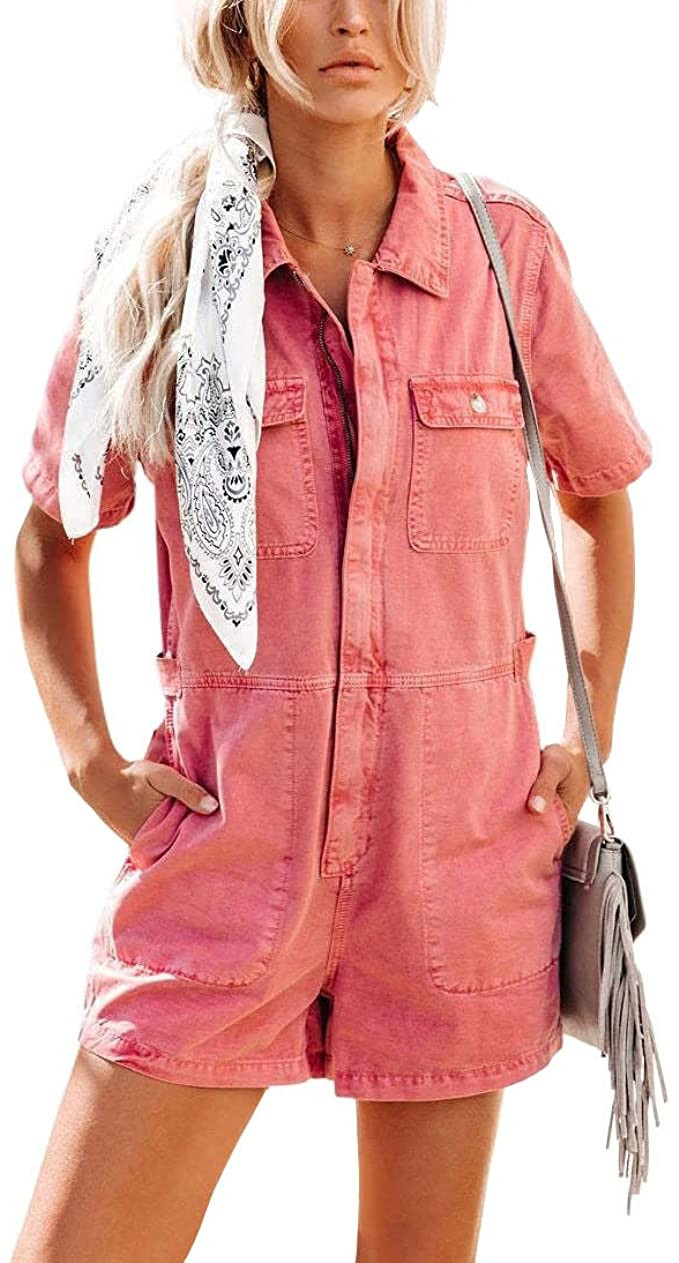 chouyatou Women's Vintage Distressed Short Sleeve Zip Up Denim Jean Utility Jumpsuit Romper Short... | Amazon (US)