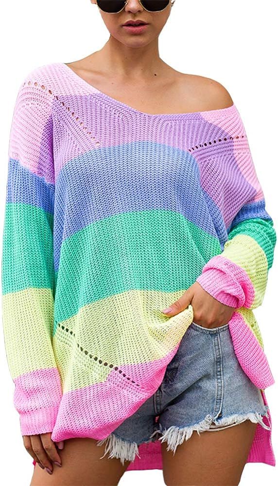 Susupeng Women V Neck Long Sleeve Loose Fitting Oversized Rainbow Block Thin Sweaters Knitting Pu... | Amazon (US)