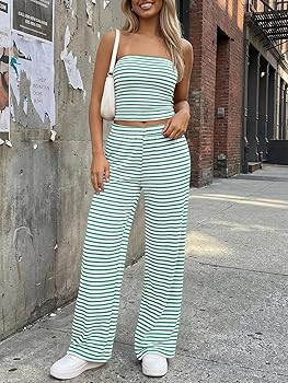 Trendy Queen Womens 2 Piece Lounge Sets Matching Summer Beach Vacation Outfits 2026 Striped Tube ... | Amazon (US)