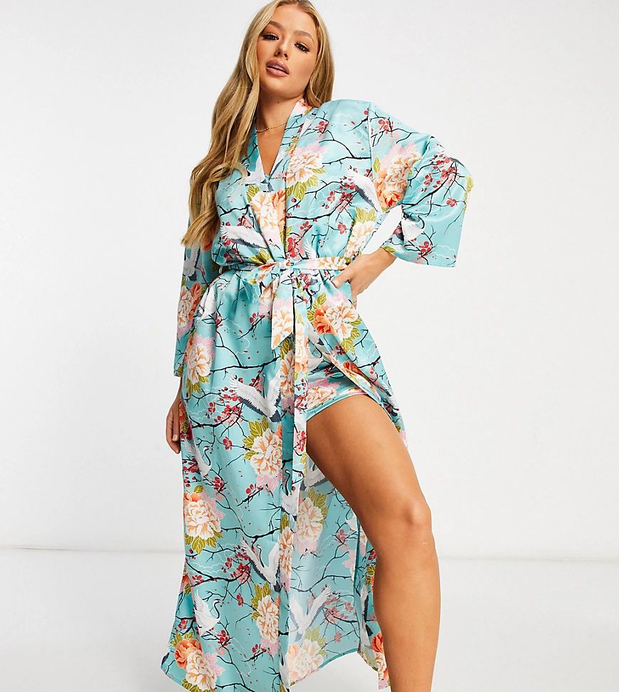 Loungeable satin maxi kimono in floral bird print-Multi | ASOS (Global)