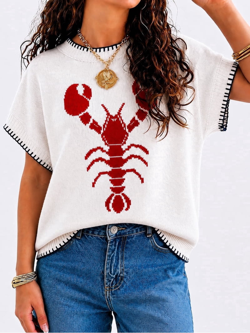 Womens Lobster Sweater Shirt Crochet Tshirts Short Sleeve Crew Neck Causal Knit Summer Tops Red S | Walmart (US)