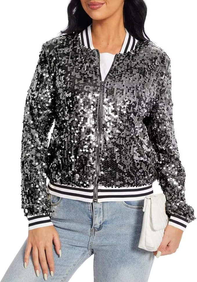 Womens Sequin Jacket Party Festival Outfit Long Sleeve Zipper Up Stylish Glitter Blazer Bomber Ja... | Amazon (US)