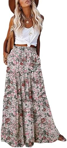 EARKOHA Womens Boho Maxi Skirt 2026 Summer Cruise Casual High Waist Tie Flowy Long Skirt with Poc... | Amazon (US)