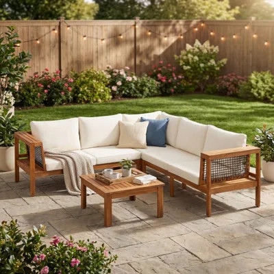 4-Piece Outdoor Acacia Wood Sectional Sofa Set, L-Shaped Patio Furniture Conversation Sofa Set with Coffee Table for Backyard, Porch | Wayfair North America
