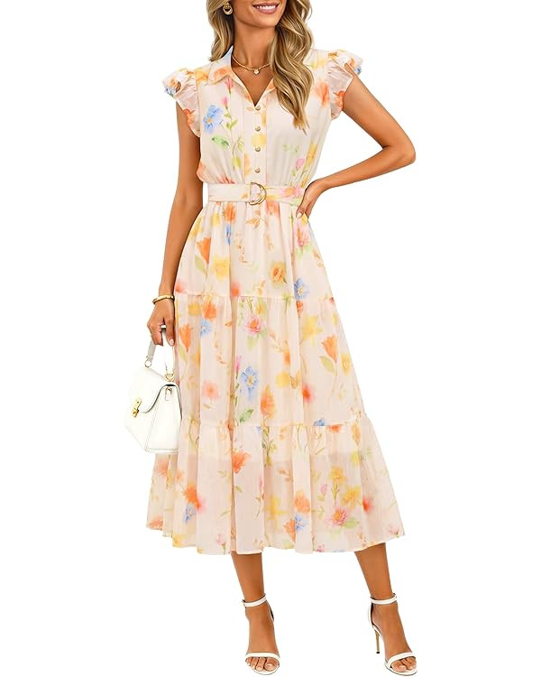 ZESICA Women's Summer Floral Midi Dress 2026 Casual Flutter Short Sleeve Chiffon Button Down Wedd... | Amazon (US)