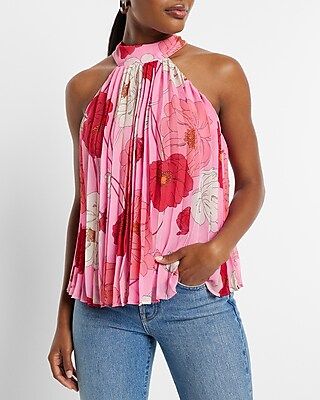 Floral Print Tie Halter Neck Pleated Top | Express