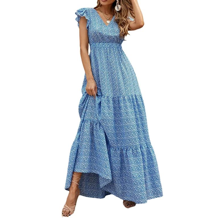 Women Summer Long Beachwear Dress Ruffle Short Sleeve V Neck Maxi Swing DressBoho Floral Tiered A... | Walmart (US)